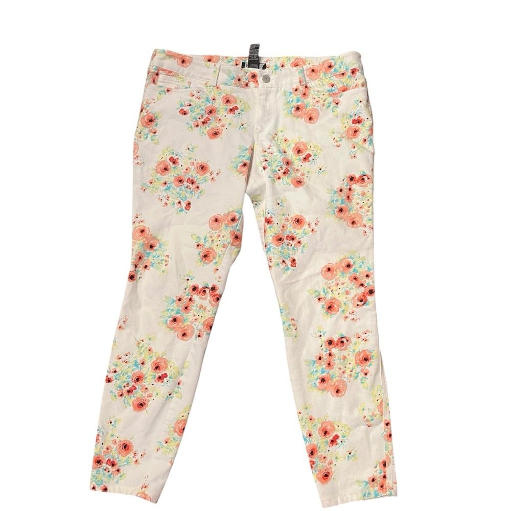 I.N. Studio Pants Women 14 White Pink Blue Floral All Over Ankle Straight Flower